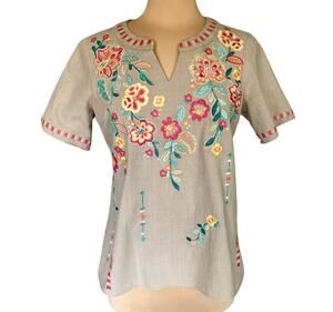 Savanna‎ Jane Tan Cotton Embroidered Boho Top SMALL Peasant Mexican Embroidery